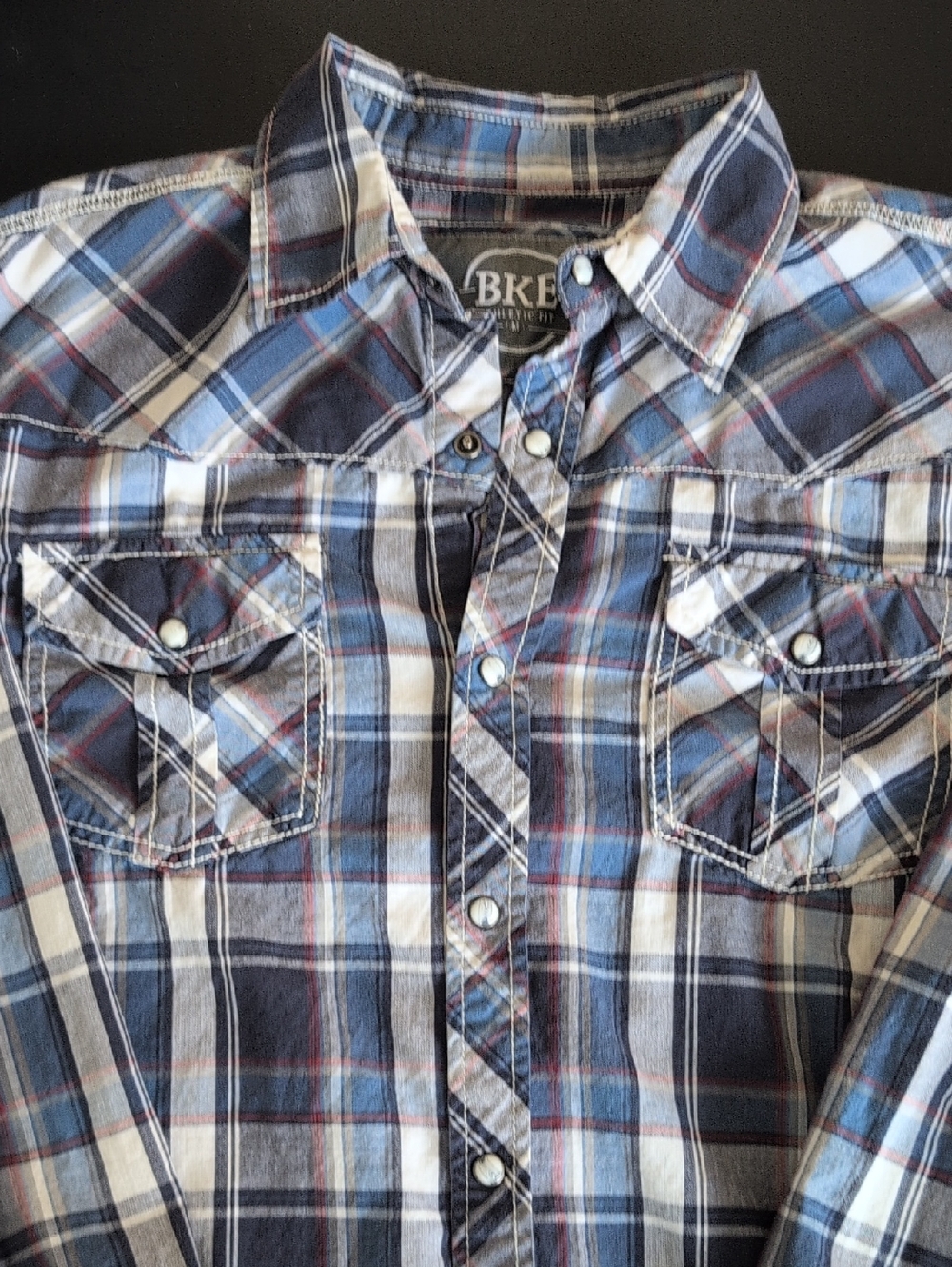 BKE Men's Blue, White and Red Plaid Snap Western Shirt